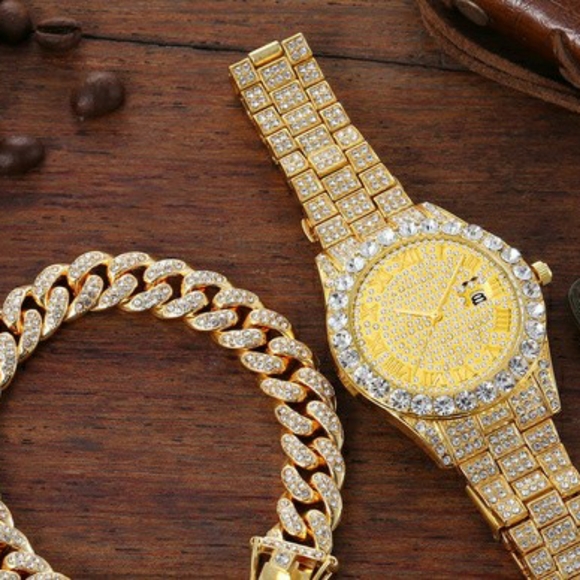 2pcs/set Rhinestone Large Dial Steel Strap Quartz Zinc Alloy Watch - Picture 7 of 7